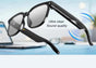 Black smart glasses with translucent lenses and a foldable temple design, shown floating over a blurred office desk background with text reading 'Ultra clear Sound quality' and blue soundwave graphics.